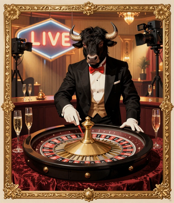 Bizzo Casino Bison Live Dealer Croupier am Roulette-Tisch mit Neon LIVE Schild