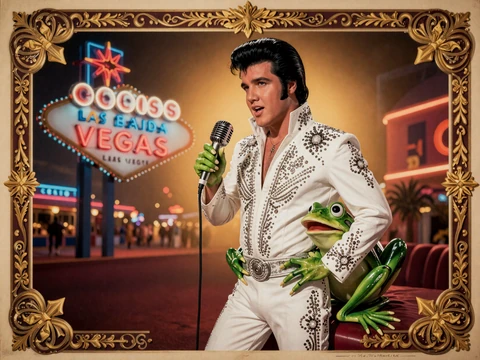 Elvis Frog in Vegas Slot Artwork im Vintage-Poster-Stil