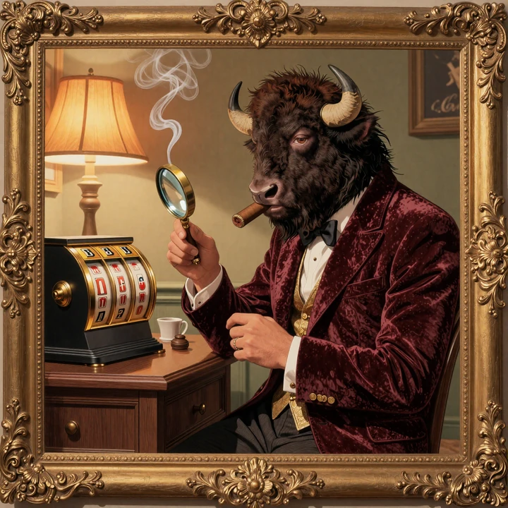 Bizzo Bison pr&uuml;ft Slot-Walzen mit Lupe im Demo-Modus